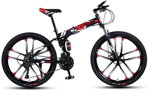 Folding Mountain Bike : Mountain Bikes, 24-inch folding mountain bike with double shock absorber racing cross-country variable speed bike ten cutter wheels Alloy frame with Disc Brakes ( Color : Black red , Size : 30 speed )