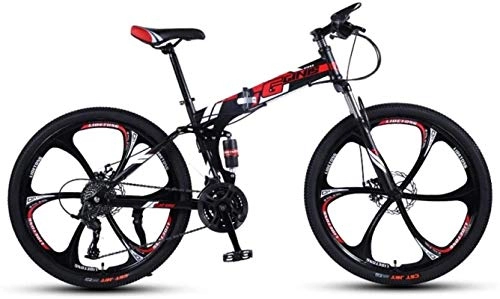 Folding Mountain Bike : Mountain Bikes, 24-inch folding mountain bike with double shock absorber racing off-road variable speed bike with six cutter wheels Alloy frame with Disc Brakes ( Color : Black red , Size : 21 speed )