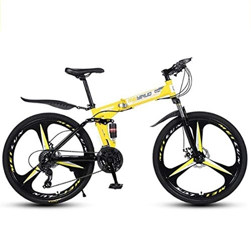 Folding Mountain Bike : Mountain Bikes, Foldable Hardtail Bicycles, Carbon Steel Frame, Dual Disc Brake and Double Suspension (Color : Yellow, Size : 21 Speed)