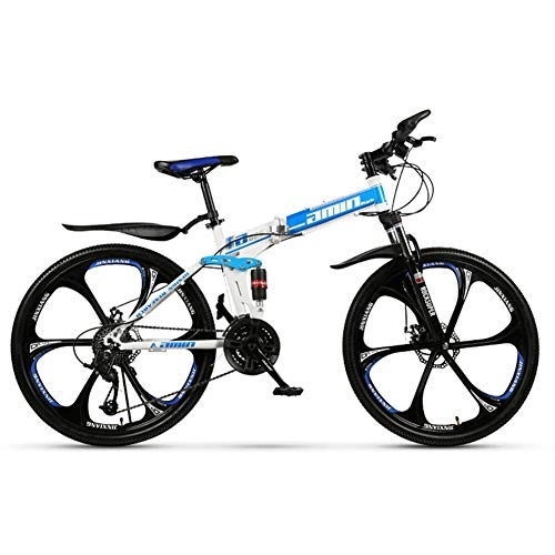 Folding Mountain Bike : Mountain Bikes Folding Bikes for Adult, Adult Bicycle 24" / 26", 21-stage shift, 6 Cutter Wheel, MTB, White-Blue