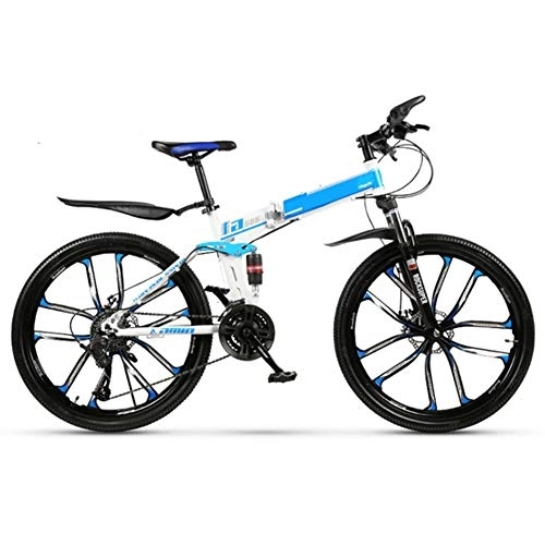 Folding Mountain Bike : Mountain Bikes, Folding High Carbon Steel Frame 24 Inch Variable Speed Double Shock Absorption Ten Cutter Wheels Foldable Bicycle, for Height 145-185Cm, Blue, 27 speed