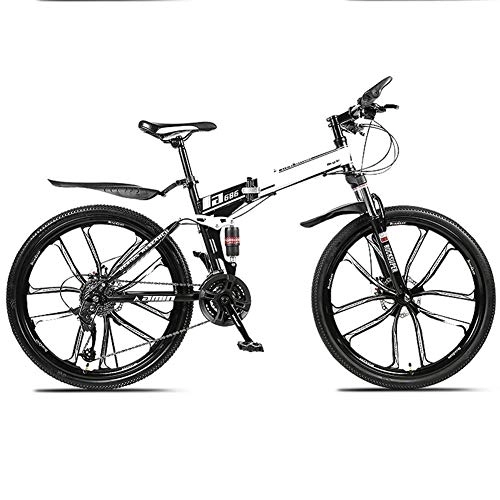 Folding Mountain Bike : Mountain Bikes, Folding High Carbon Steel Frame 24 Inch Variable Speed Double Shock Absorption Ten Cutter Wheels Foldable Bicycle, for Height 145-185Cm, White, 30 speed