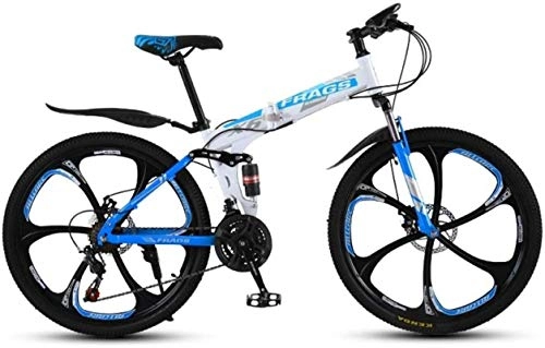 Folding Mountain Bike : Mountain Bikes, Folding mountain bike 24 inch double shock-absorbing cross-country / variable speed mountain bike six cutter wheels Alloy frame with Disc Brakes ( Color : White blue , Size : 21 speed )