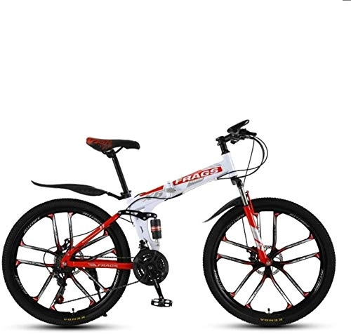 Folding Mountain Bike : Mountain Bikes, Folding mountain bike 24 inch double shock-absorbing cross-country / variable speed mountain bike ten cutter wheels Alloy frame with Disc Brakes ( Color : White Red , Size : 30 speed )