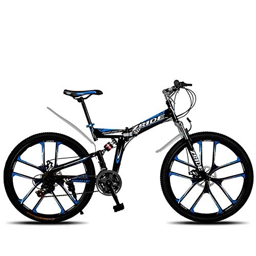 Folding Mountain Bike : Mountain Folding Bicycle, 26" High Carbon Steel Frame Full Suspension Bicycle 27 Speed Double Disc Brakes for Men And Women Variable Speed Off Road Bicycle, Blackblue