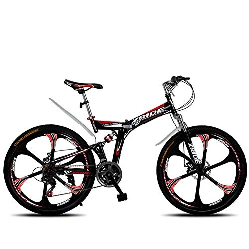 Folding Mountain Bike : Mountain Folding Bicycle, 26" High Carbon Steel Frame Full Suspension Bicycle 27 Speed Double Disc Brakes for Men And Women Variable Speed Off Road Bicycle, Blackred