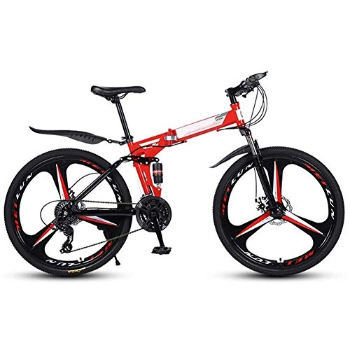 Folding Mountain Bike : MOZUSA Outdoor sports Folding Mountain Bike 21 Speed Full Suspension Double Disc Brake Bicycle 26" Mens High Carbon Steel Frames (Color : Red)