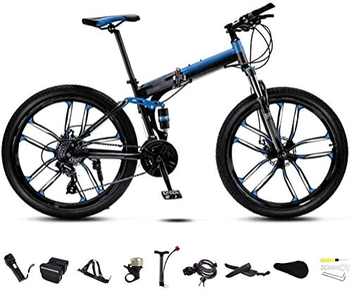 Folding Mountain Bike : MQJ 24 inch MTB Bicycle Unisex Folding Commuter Bike 30-Speed Gears Foldable Mountain Bike Off-Road Variable Speed Bikes for Men and Women Double Disc Brake / Blue-Blue_27 Speed, Blue, 27 Speed
