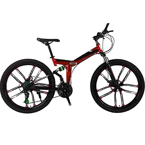 Folding Mountain Bike : Mrzyzy Mountain Bike Folding Bikes, 26Inch 21-Speed Mountain Bike for Adult, Double Disc Brake Full Suspension Anti-Slip, Suspension Fork, Lightweight Aluminum Frame (Color : Red, Size : 21 SPEED)