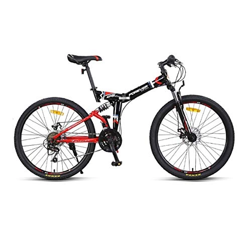 Folding Mountain Bike : MUZIWENJU Bike, Mountain Cross-country Bike, 24-speed-24 / 26 Inch, Adult Foldable Double Shock-absorbing Soft Tail Racing (Color : Black red, Size : 24 inches)
