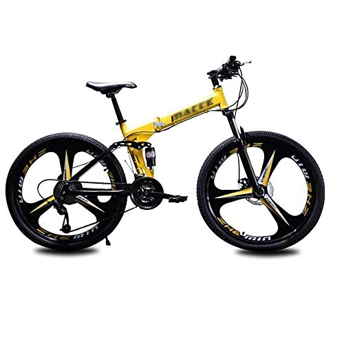 Folding Mountain Bike : MYSZCWCF 26in / 21 Speed Carbon Steel Mountain Bike Bicycle Full Suspension MTB Frame Bicycle 3 Spoke Wheels Double Disc Brakes Fold Bicycle Racing Bicycle Outdoor Cycling (Color : Yellow)