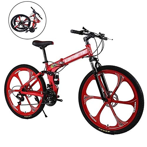 Folding Mountain Bike : MYSZCWCF 26IN Adult Mountain Bike, Trail Bike High Carbon Steel Folding Outroad Bicycles 21-Speed Bicycle Full Suspension MTB Gears Dual Disc Brakes Mountain Bicycle (Color : Red, Size : 21 speed)