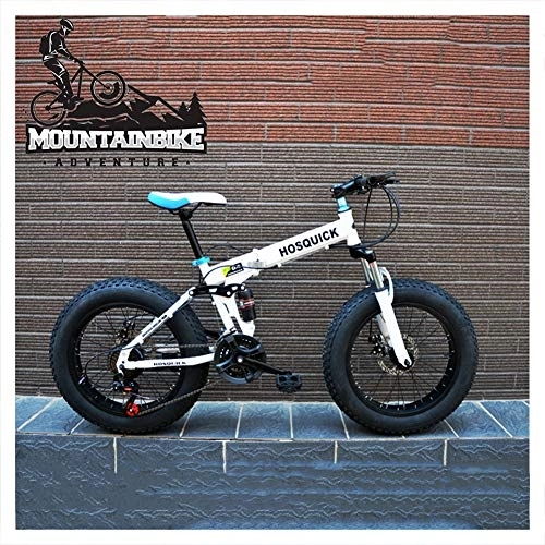 Folding Mountain Bike : NENGGE 20 Inch Fat Tire Mountain Trail Bike with Dual-Suspension, Adults Men Women Mechanical Disc Brakes Foldable Mountain Bicycle, Anti-Slip High-carbon Steel Bikes, White, 7 Speed