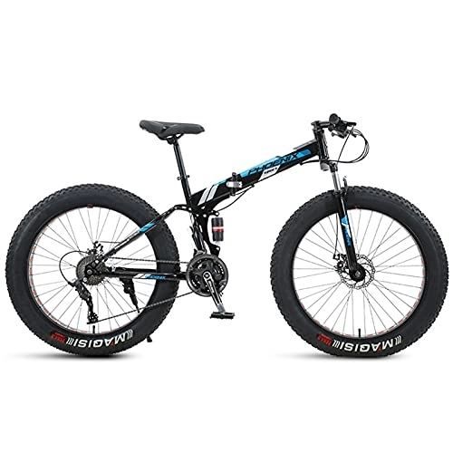 Folding Mountain Bike : NENGGE 24 Inch Mountain Bike Fat Tire, Domineering Mens Women Foldable Beach Snow Mountain Bicycle, 4-Inch Wide Knobby Tires Outdoor Cycling Road Bike, Dual-Suspension, Blue, 7 Speed