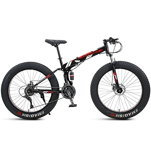 Folding Mountain Bike : NENGGE 24 Inch Mountain Bike Fat Tire, Domineering Mens Women Foldable Beach Snow Mountain Bicycle, 4-Inch Wide Knobby Tires Outdoor Cycling Road Bike, Dual-Suspension, Red, 21 Speed