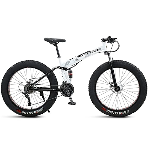 Folding Mountain Bike : NENGGE 24 Inch Mountain Bike Fat Tire, Domineering Mens Women Foldable Beach Snow Mountain Bicycle, 4-Inch Wide Knobby Tires Outdoor Cycling Road Bike, Dual-Suspension, White, 21 Speed