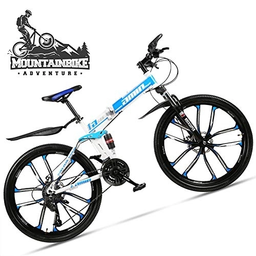 Folding Mountain Bike : NENGGE 24 Inch Mountain Bike for Adult Men Women, All Terrain Off-Road Foldable Mountain Bicycle with Dual Suspension & Disc Brake, Adjustable Seat & High Carbon Steel Frame, 10 Spoke Blue, 21 Speed