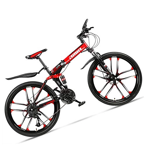 Folding Mountain Bike : NENGGE 24 Inch Mountain Bike for Adult Men Women, All Terrain Off-Road Foldable Mountain Bicycle with Dual Suspension & Disc Brake, Adjustable Seat & High Carbon Steel Frame, 10 Spoke Red, 27 Speed