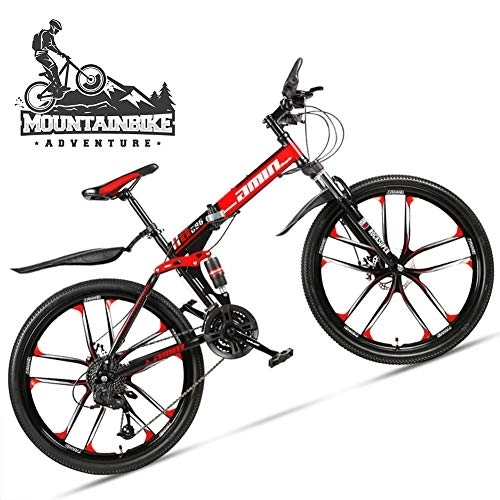 Folding Mountain Bike : NENGGE 24 Inch Mountain Bike for Adult Men Women, All Terrain Off-Road Foldable Mountain Bicycle with Dual Suspension & Disc Brake, Adjustable Seat & High Carbon Steel Frame, 10 Spoke Red, 30 Speed