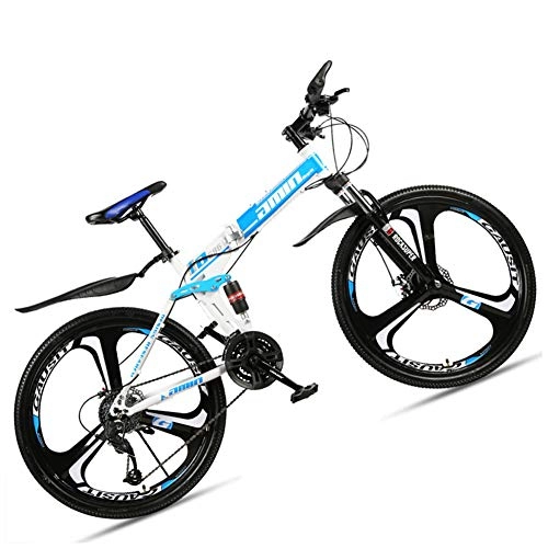 Folding Mountain Bike : NENGGE 24 Inch Mountain Bike for Adult Men Women, All Terrain Off-Road Foldable Mountain Bicycle with Dual Suspension & Disc Brake, Adjustable Seat & High Carbon Steel Frame, 3 Spoke Blue 1, 24 Speed