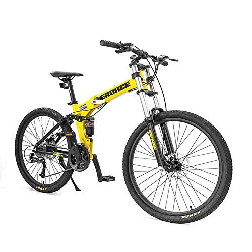 Folding Mountain Bike : NENGGE 26 Inch Mountain Bikes, 27-Speed Dual-Suspension Mountain Bike, Aluminum Frame Bicycle, Men's Womens Adjustable Seat Alpine Bicycle, Yellow, Foldable