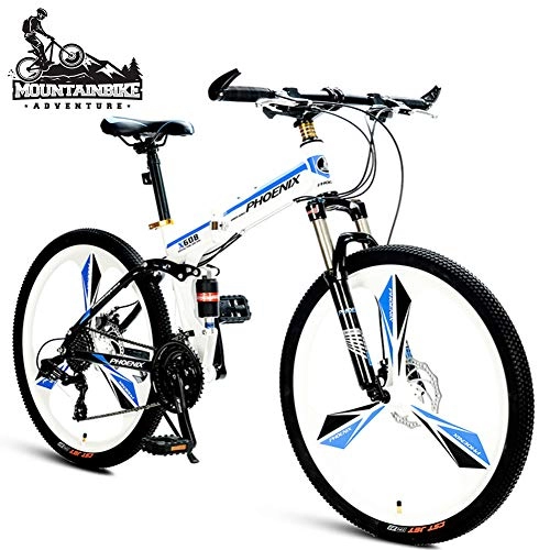 Folding Mountain Bike : NENGGE 26 Inch Mountain Bikes with Dual Suspension for Adult Men / Women, 21 Speed Folding Anti-Slip Off-Road Mountain Bicycle, Dual Disc Brake & Adjustable Seat, White, 3 Spokes