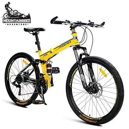 Folding Mountain Bike : NENGGE 26 Inch Mountain Bikes with Dual Suspension for Adult Men / Women, 21 Speed Folding Anti-Slip Off-Road Mountain Bicycle, Dual Disc Brake & Adjustable Seat, Yellow, Spokes