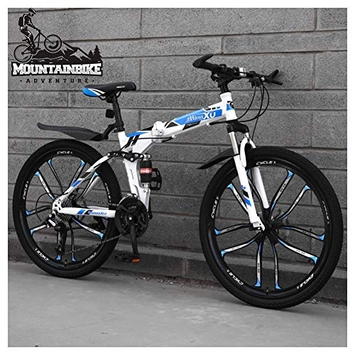 Folding Mountain Bike : NENGGE 26 Inch Mountain Trail Bike for Adults Men and Women, Dual Suspension Mountain Bicycle with Disc Brakes, Foldable High Carbon Steel Frame, Adjustable Seat, Blue 10 Spoke, 21 Speed