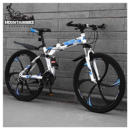 Folding Mountain Bike : NENGGE 26 Inch Mountain Trail Bike for Adults Men and Women, Dual Suspension Mountain Bicycle with Disc Brakes, Foldable High Carbon Steel Frame, Adjustable Seat, Blue 6 Spoke, 21 Speed