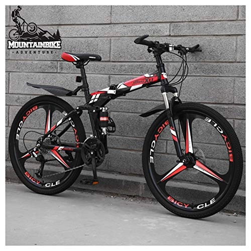 Folding Mountain Bike : NENGGE 26 Inch Mountain Trail Bike for Adults Men and Women, Dual Suspension Mountain Bicycle with Disc Brakes, Foldable High Carbon Steel Frame, Adjustable Seat, Red 3 Spoke, 27 Speed