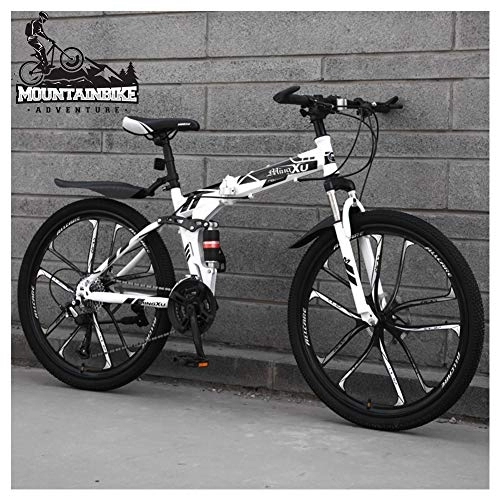 Folding Mountain Bike : NENGGE 26 Inch Mountain Trail Bike for Adults Men and Women, Dual Suspension Mountain Bicycle with Disc Brakes, Foldable High Carbon Steel Frame, Adjustable Seat, White 10 Spoke, 27 Speed