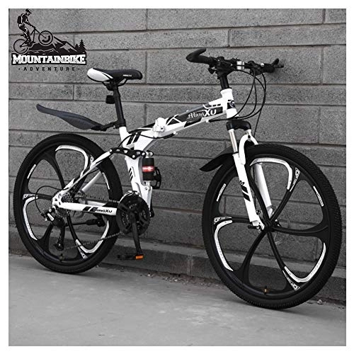 Folding Mountain Bike : NENGGE 26 Inch Mountain Trail Bike for Adults Men and Women, Dual Suspension Mountain Bicycle with Disc Brakes, Foldable High Carbon Steel Frame, Adjustable Seat, White 6 Spoke, 27 Speed