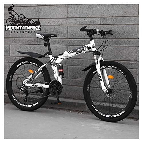 Folding Mountain Bike : NENGGE 26 Inch Mountain Trail Bike for Adults Men and Women, Dual Suspension Mountain Bicycle with Disc Brakes, Foldable High Carbon Steel Frame, Adjustable Seat, White Spoke, 21 Speed