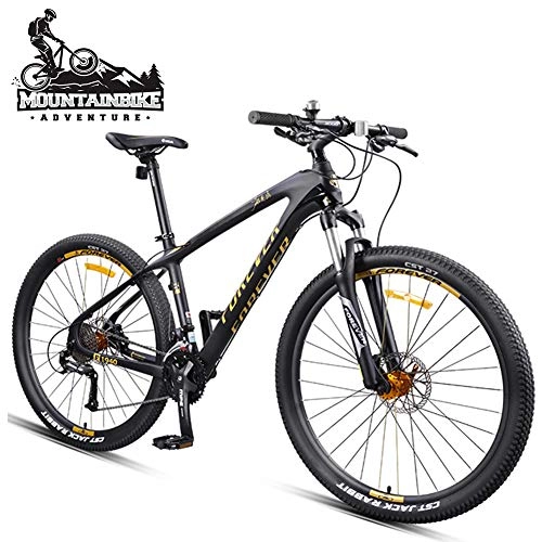 Folding Mountain Bike : NENGGE 27.5 Inch Mountain Bikes Adult Men Hardtail Trail Bike, All Terrain Anti-Slip Front Suspension Mountain Bicycle with Hydraulic Disc Brake, Carbon Fiber Frame, Black Gold, 27 Speed
