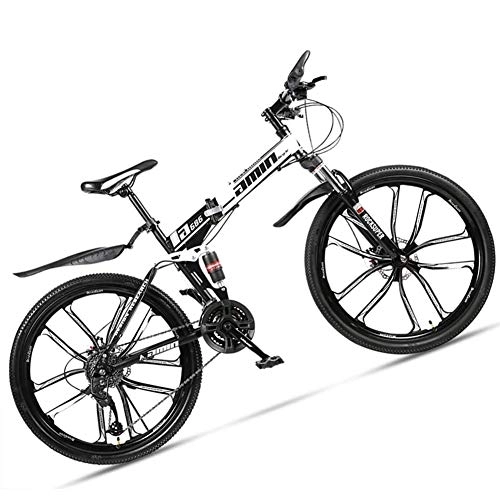 Folding Mountain Bike : NENGGE Dual-Suspension Foldable Mountain Bike 26 Inch for Adult Men and Women, Boy Girl Off-Road Mountain Bicycle with Disc Brake, High Carbon Steel Frame & Adjustable Seat, 10 Spoke White, 30 Speed
