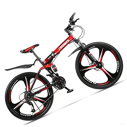 Folding Mountain Bike : NENGGE Dual-Suspension Foldable Mountain Bike 26 Inch for Adult Men and Women, Boy Girl Off-Road Mountain Bicycle with Disc Brake, High Carbon Steel Frame & Adjustable Seat, 3 Spoke Red 2, 24 Speed