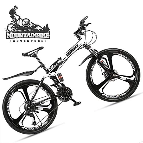 Folding Mountain Bike : NENGGE Dual-Suspension Foldable Mountain Bike 26 Inch for Adult Men and Women, Boy Girl Off-Road Mountain Bicycle with Disc Brake, High Carbon Steel Frame & Adjustable Seat, 3 Spoke White 1, 30 Speed