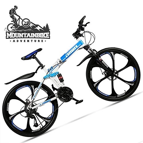 Folding Mountain Bike : NENGGE Dual-Suspension Foldable Mountain Bike 26 Inch for Adult Men and Women, Boy Girl Off-Road Mountain Bicycle with Disc Brake, High Carbon Steel Frame & Adjustable Seat, 6 Spoke Blue, 30 Speed