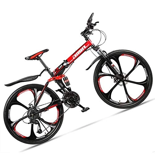 Folding Mountain Bike : NENGGE Dual-Suspension Foldable Mountain Bike 26 Inch for Adult Men and Women, Boy Girl Off-Road Mountain Bicycle with Disc Brake, High Carbon Steel Frame & Adjustable Seat, 6 Spoke Red, 24 Speed