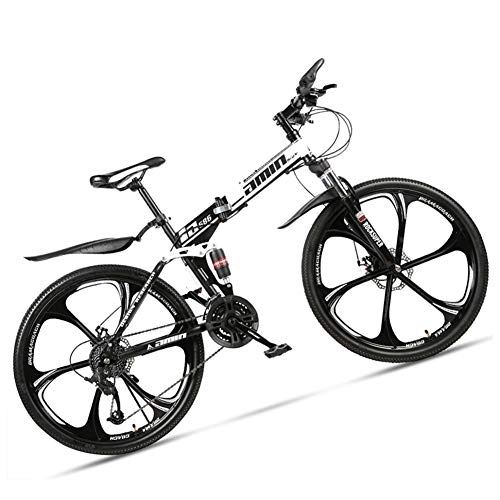 Folding Mountain Bike : NENGGE Dual-Suspension Foldable Mountain Bike 26 Inch for Adult Men and Women, Boy Girl Off-Road Mountain Bicycle with Disc Brake, High Carbon Steel Frame & Adjustable Seat, 6 Spoke White, 30 Speed