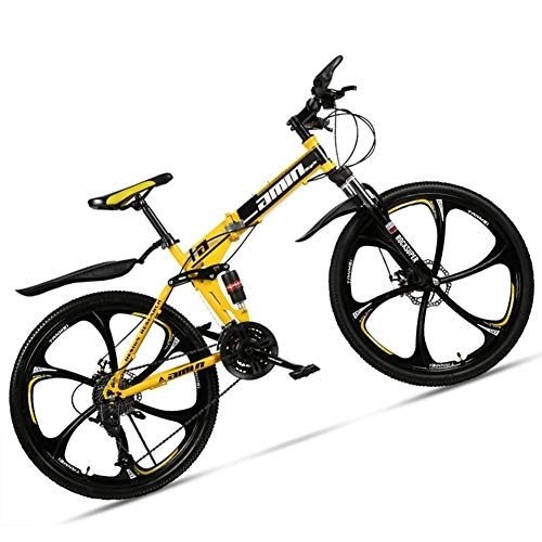 Folding Mountain Bike : NENGGE Dual-Suspension Foldable Mountain Bike 26 Inch for Adult Men and Women, Boy Girl Off-Road Mountain Bicycle with Disc Brake, High Carbon Steel Frame & Adjustable Seat, 6 Spoke Yellow, 24 Speed