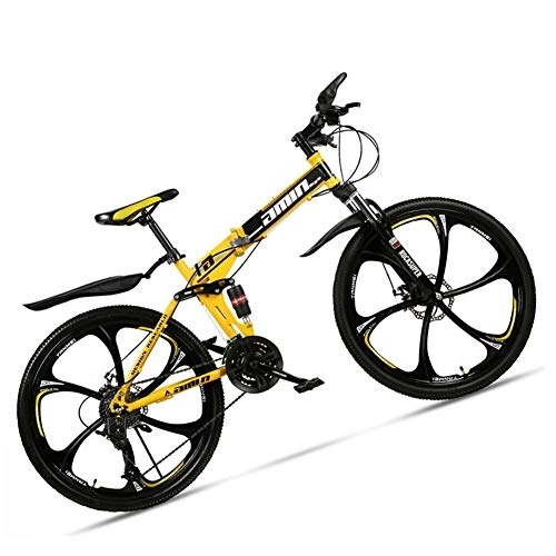 Folding Mountain Bike : NENGGE Dual-Suspension Foldable Mountain Bike 26 Inch for Adult Men and Women, Boy Girl Off-Road Mountain Bicycle with Disc Brake, High Carbon Steel Frame & Adjustable Seat, 6 Spoke Yellow, 27 Speed