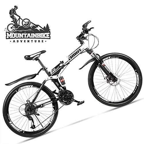 Folding Mountain Bike : NENGGE Dual-Suspension Foldable Mountain Bike 26 Inch for Adult Men and Women, Boy Girl Off-Road Mountain Bicycle with Disc Brake, High Carbon Steel Frame & Adjustable Seat, Spoke White, 24 Speed