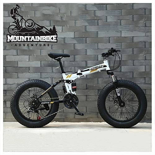 Folding Mountain Bike : NENGGE Dual-Suspension Mountain Bike 20 Inch for Girls, Women Fat Tire Foldable Mountain Bicycle with Mechanical Disc Brakes, High Carbon Steel Frame & Adjustable Seat, White, 30 Speed