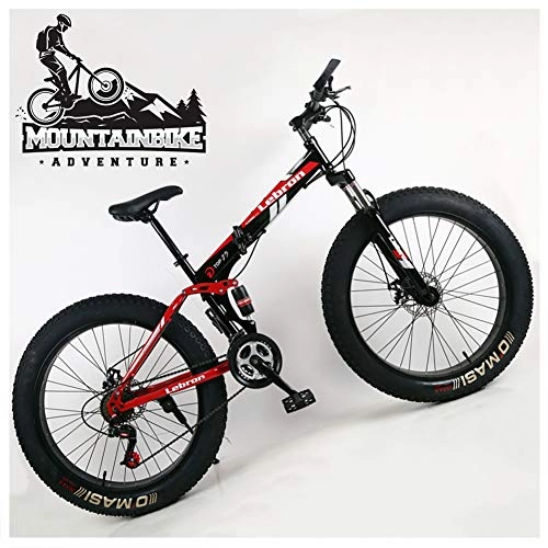 Folding Mountain Bike : NENGGE Dual Suspension Mountain Bike with Fat Tire for Men Women, Adults Foldable Mountain Bicycle, Mechanical Disc Brakes & High Carbon Steel Frame, Adjustable Seat, Black, 24 Inch 7 Speed