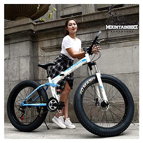 Folding Mountain Bike : NENGGE Dual Suspension Mountain Bike with Fat Tire for Men Women, Adults Foldable Mountain Bicycle, Mechanical Disc Brakes & High Carbon Steel Frame, Adjustable Seat, Blue, 26 Inch 7 Speed