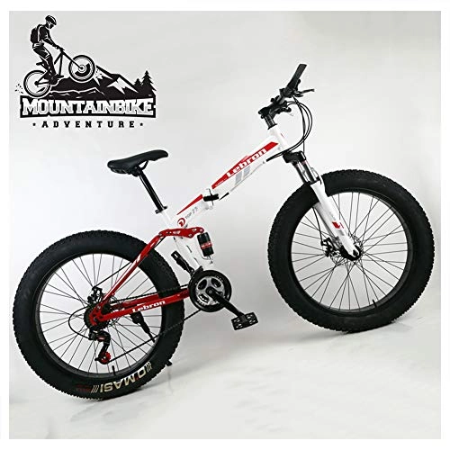 Folding Mountain Bike : NENGGE Dual Suspension Mountain Bike with Fat Tire for Men Women, Adults Foldable Mountain Bicycle, Mechanical Disc Brakes & High Carbon Steel Frame, Adjustable Seat, Red, 24 Inch 21 Speed