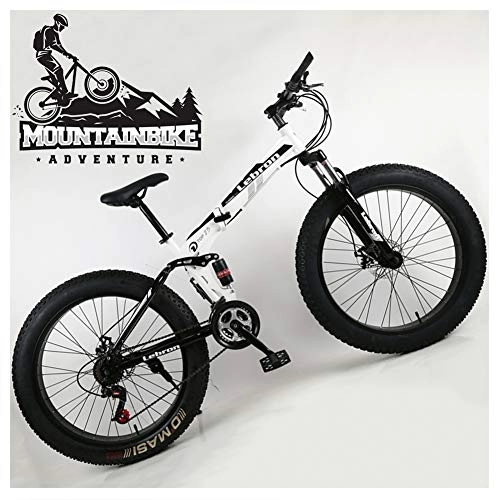 Folding Mountain Bike : NENGGE Dual Suspension Mountain Bike with Fat Tire for Men Women, Adults Foldable Mountain Bicycle, Mechanical Disc Brakes & High Carbon Steel Frame, Adjustable Seat, White, 24 Inch 21 Speed