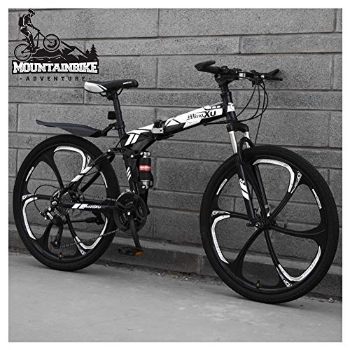 Folding Mountain Bike : NENGGE Dual Suspension Mountain Trail Bike 24 Inch for Adult Men and Women, Foldable Mountain Bicycle with Disc Brakes, High Carbon Steel Frame & Adjustable Seat, Black 6 Spoke, 21 Speed