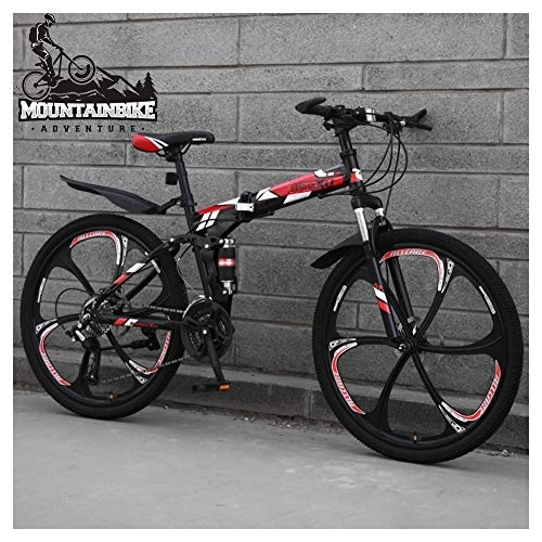 Folding Mountain Bike : NENGGE Dual Suspension Mountain Trail Bike 24 Inch for Adult Men and Women, Foldable Mountain Bicycle with Disc Brakes, High Carbon Steel Frame & Adjustable Seat, Red 6 Spoke, 27 Speed